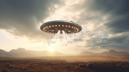 3D不明飞行物科幻场景，外星飞船在天空中经典飞碟中的外星访客
