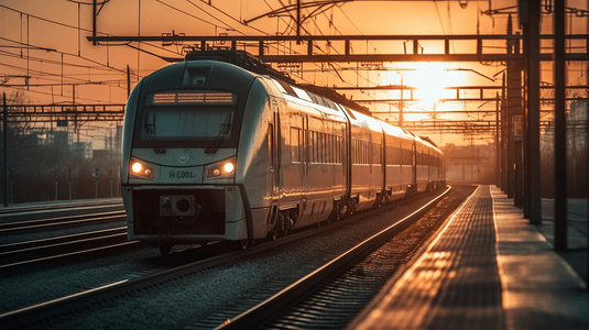 城际列车摄影照片_欧洲日落时分，高速列车在火车站行驶。火车站台上的现代城际列车具有运动模糊效果