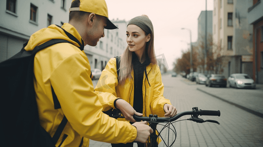 快递服务人员骑着自行车将食品包裹送到网上订购的客户手中
