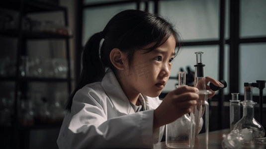 穿着实验服的亚洲女孩在化学实验室扮演科学家的画像