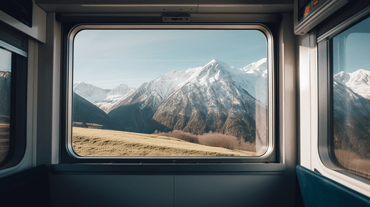 火车内部和山在窗口旅游背景
