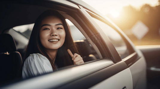 美丽的亚洲女人微笑着，享受着驾驶汽车和手即将开车进入旅行的道路
