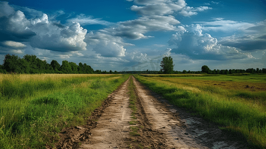 田野路摄影照片_柏油路穿过碧绿的田野，夏日蓝天上的白云
