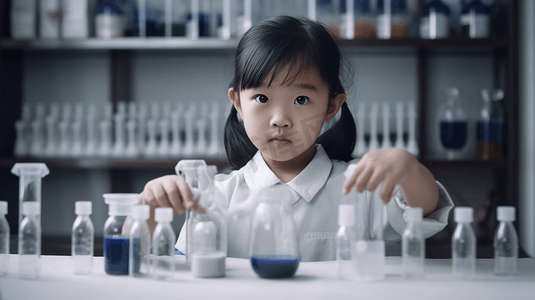 化学实验室穿着摄影照片_穿着实验服的亚洲女孩在化学实验室扮演科学家的画像