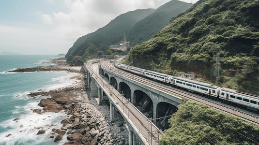 台湾中国摄影照片_中国台湾铁路建设在海岸的山脉和礁石中间，有高速列车和公路，汽车