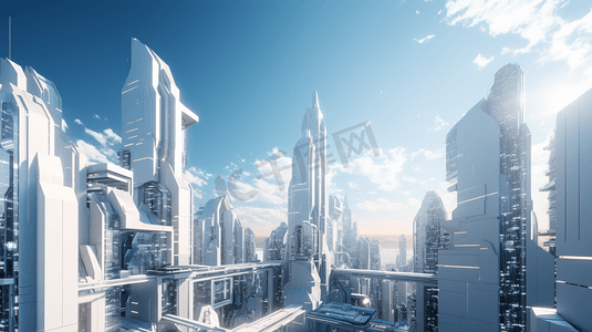 3D渲染蓝天与未来之城