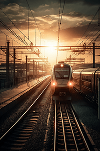 欧洲日落时分，高速列车在火车站行驶。火车站台上的现代城际列车具有运动模糊效果