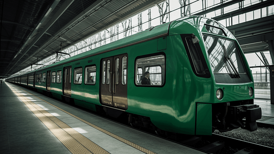 卡通绿色植物背景摄影照片_高铁动车站站台一辆绿色传统火车
