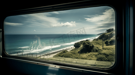 俯瞰摄影照片_从火车窗口俯瞰大海的景色。
