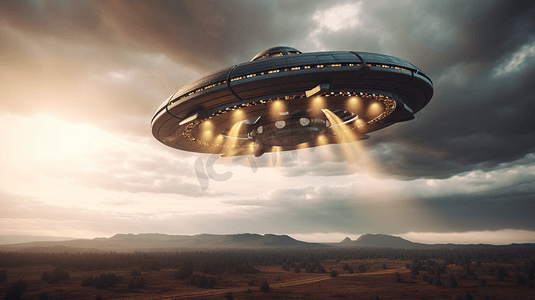 科幻数码几何摄影照片_3D不明飞行物科幻场景，外星飞船在天空中经典飞碟中的外星访客