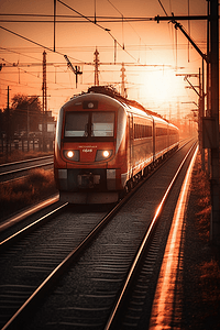 日落时分，高速红色客运列车在德国纽伦堡火车站的铁轨上行驶模糊的通勤列车