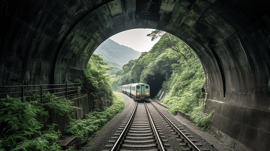 台北摄影照片_新台北中国台湾紧挨着山谷，火车穿过山里的隧道，是一道美丽的风景线