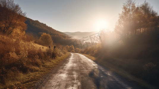 秋天的山区，在空旷的柏油路上开车，驶向初升的太阳。塞尔维亚戈利亚山。
