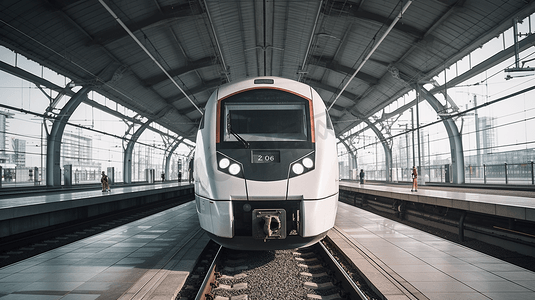 列车平面图摄影照片_高铁动车站站台一辆和谐号白色列车的车头
