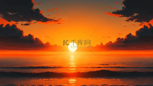 心有山海背景图片_海面上巨大的橙色日落日出