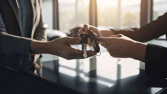 一名汽车销售员将一辆新车的钥匙交给一名年轻的商人。两个商务人士之间的握手
