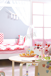粉色床卡通摄影照片_粉色的儿童房