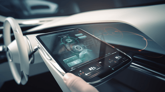 手机联网摄影照片_现代汽车智能手机中的物联网移动应用具有自动控制功能的车辆座舱内部视图