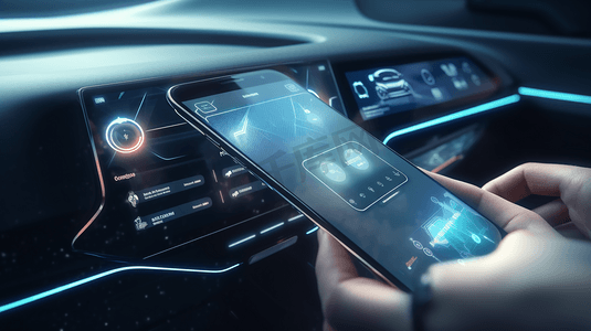 现代汽车智能手机中的物联网移动应用具有自动控制功能的车辆座舱内部视图