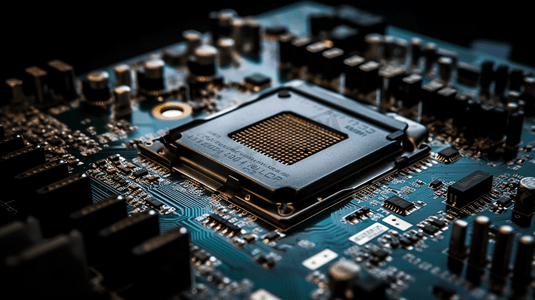 微芯片CPU处理器在黑色印刷电路板计算机主板上与超级计算机电子器件内部元件的微距特写。
