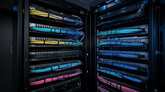 服务器机架，带蓝色和红色互联网跳线电缆，连接到数据服务器室的黑色接线板