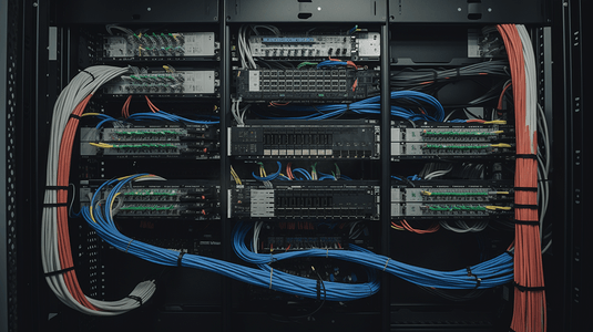 服务器机架，带蓝色和红色互联网跳线电缆，连接到数据服务器室的黑色接线板