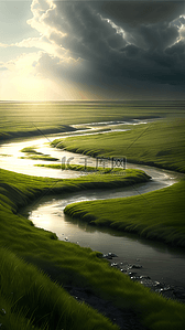 草原上背景图片_绿色的草原细细的小河