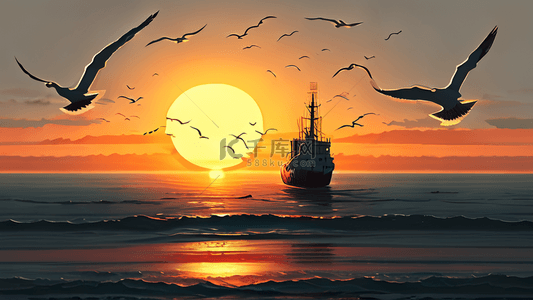 轮船大海朝阳日出日落海面风景