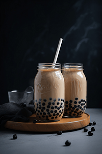 浅棕色奶油奶茶，加牛奶和黑木薯粉，装在灰色背景的玻璃罐里
