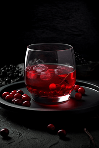 一杯红色蔓越莓汁放在黑色岩盘上
