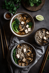 味噌荞麦面配烤豆腐和蘑菇。俯视图
