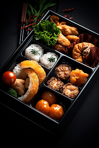 黑方盒子里的日本料理烤鳗鱼生鲜片炸虾球配蔬菜便当套餐
