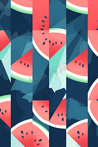 清凉西瓜背景摄影照片_无缝对称的图案与西瓜片在蓝色的背景。夏季水果味。矢量图
