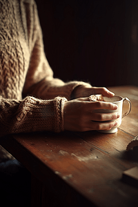 一杯热茶温暖着穿着复古羊毛套头衫的女人的双手。木制的桌子
