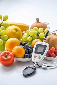 记录血糖摄影照片_血糖仪用医用听诊器和新鲜水果的概念，糖尿病人健康的生活方式和营养
