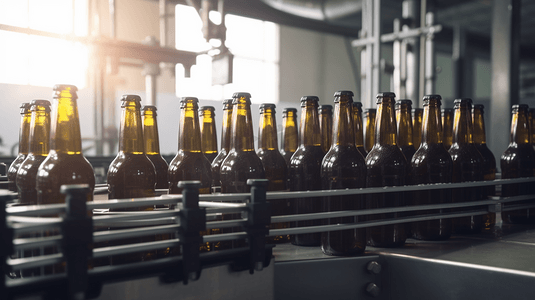 自动化的生产线摄影照片_现代化自动化生产线传送带上移动的啤酒瓶