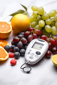 安稳血糖仪摄影照片_血糖仪用医用听诊器和新鲜水果的概念，糖尿病人健康的生活方式和营养
