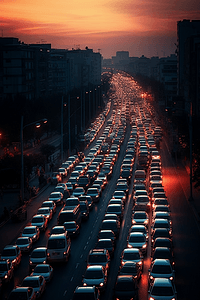 晚上的交通。城市的灯光。日落背景下的汽车交通。

