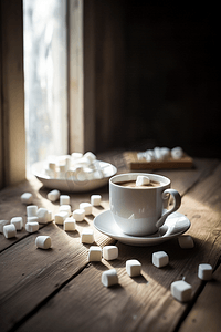 一杯咖啡和棉花糖放在木桌上
