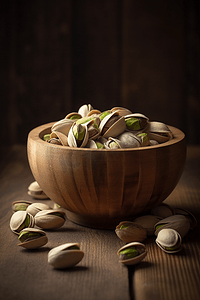 带壳和不带壳的开心果放在质朴的木制表面的竹碗里

