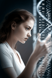 商业理念科学人类发展和健康DNA分析寻找人才实力和性格的人女商人手指触摸DNA检测现代科技横幅标题全景

