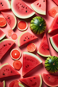 清凉西瓜背景摄影照片_新鲜水果图案与西瓜片在粉红色的背景
