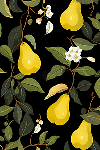 无缝矢量图案与黄色梨在黑色背景。墙纸面料及纺织品设计。可爱的包装纸图案与甜美的水果。对印刷有好处。

