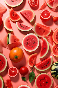 新鲜水果图案与西瓜片在粉红色的背景
