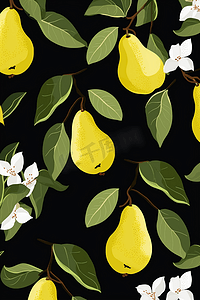 可爱的梨子摄影照片_无缝矢量图案与黄色梨在黑色背景。墙纸面料及纺织品设计。可爱的包装纸图案与甜美的水果。对印刷有好处。
