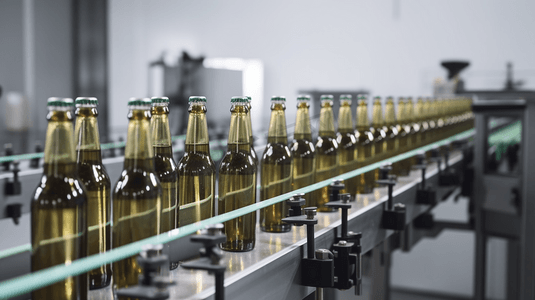现代化自动化生产线传送带上移动的啤酒瓶
