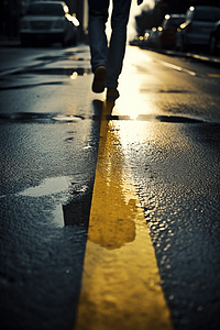 掠影摄影照片_人们走在潮湿的柏油路上，上面有明显的黄线。
