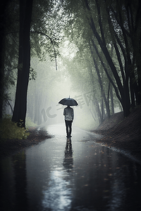 天气自然大气保护放松理念。带伞的人。一个在雨中行走的人。
