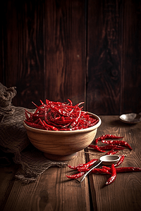 辣椒摄影照片_复古木桌上的红色干辣椒与辣椒面
