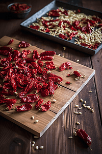 红色的干辣椒与大蒜摆放在木质桌面上
